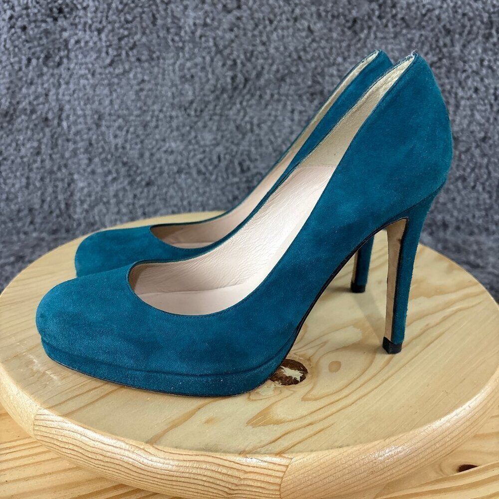 LK Bennett Suede Pumps Womens 9 Blue Slip On Round Toe Stiletto Made in Spain